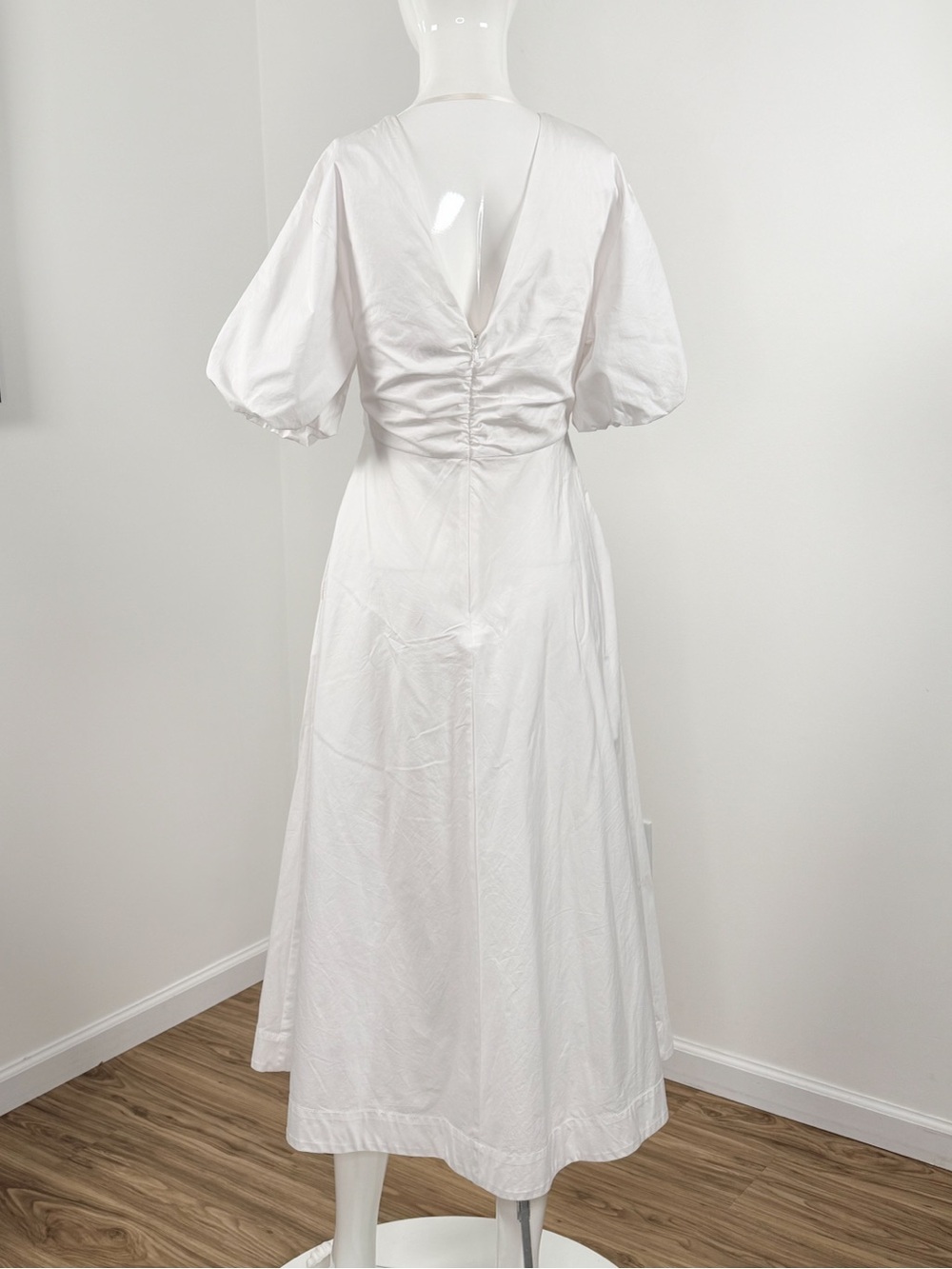 Staud V-Neck Puff Sleeve Cotton Blend Finley Midi Dress White Size 4 $375 NWT - Picture 6 of 9